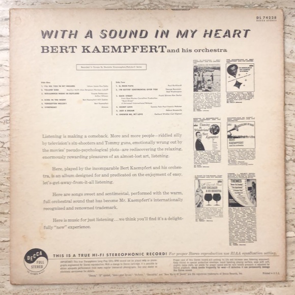 Bert Kaempfert With A Sound In My Heart Vinyl Lp '61 - Picture 9 of 9
